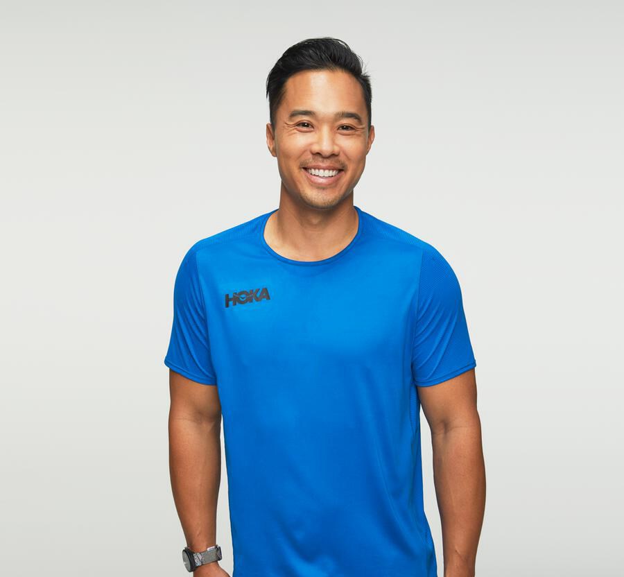 Hoka One One Tops Mens Blue - Performance Short Sleeve - 36479FYST